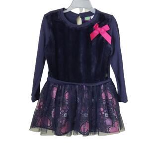 Dollie & Me Dress Girls 5 Navy Floral Faux Fur Sparkly Tulle Red Bow Long Sleeve